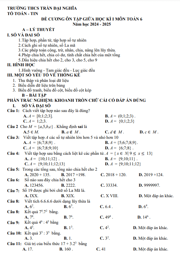 Đề cương giữa học kì 1 Toán 6 năm 2024 – 2025 trường THCS Trần Đại Nghĩa – BR VT