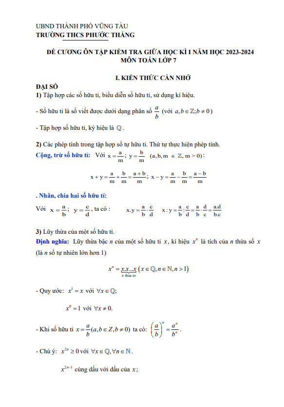 Đề cương giữa học kì 1 Toán 7 năm 2023 – 2024 trường THCS Phước Thắng – BR VT