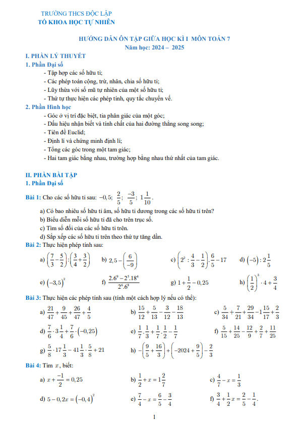 Đề cương giữa học kì 1 Toán 7 năm 2024 – 2025 trường THCS Độc Lập – Thái Nguyên