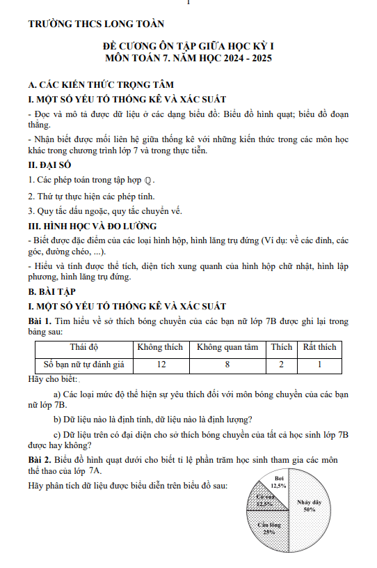 Đề cương giữa học kì 1 Toán 7 năm 2024 – 2025 trường THCS Long Toàn – BR VT