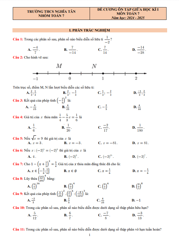 Đề cương giữa học kì 1 Toán 7 năm 2024 – 2025 trường THCS Nghĩa Tân – Hà Nội