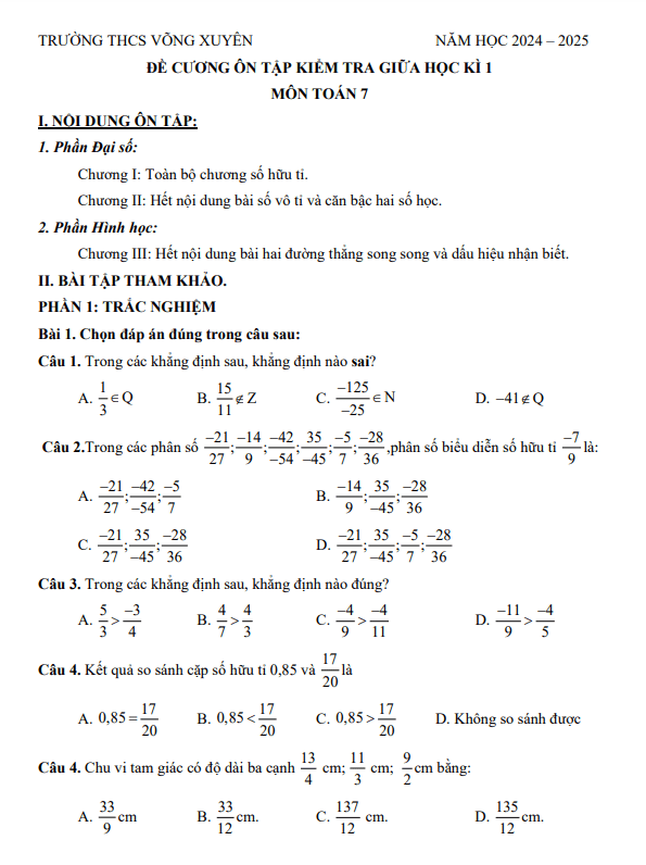 Đề cương giữa học kì 1 Toán 7 năm 2024 – 2025 trường THCS Võng Xuyên – Hà Nội