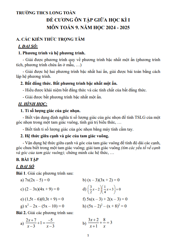 Đề cương giữa học kì 1 Toán 9 năm 2024 – 2025 trường THCS Long Toàn – BR VT