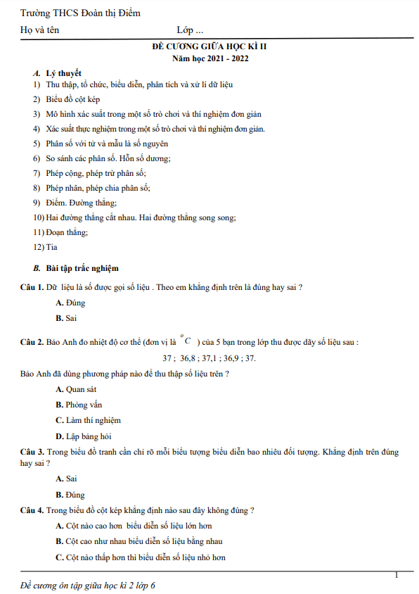 Đề cương giữa học kì 2 Toán 6 năm 2021 – 2022 trường THCS Đoàn Thị Điểm – Hà Nội