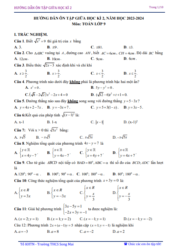 Đề cương giữa học kì 2 Toán 9 năm 2023 – 2024 trường THCS Song Mai – Bắc Giang