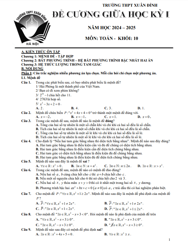 Đề cương giữa học kỳ 1 Toán 10 năm 2024 – 2025 trường THPT Xuân Đỉnh – Hà Nội