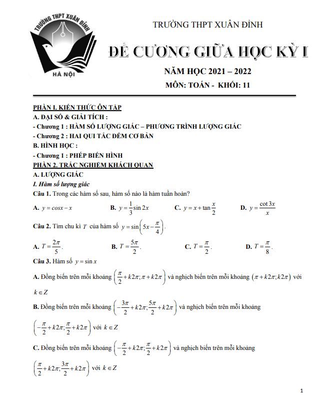Đề cương giữa học kỳ 1 Toán 11 năm 2021 – 2022 trường THPT Xuân Đỉnh – Hà Nội