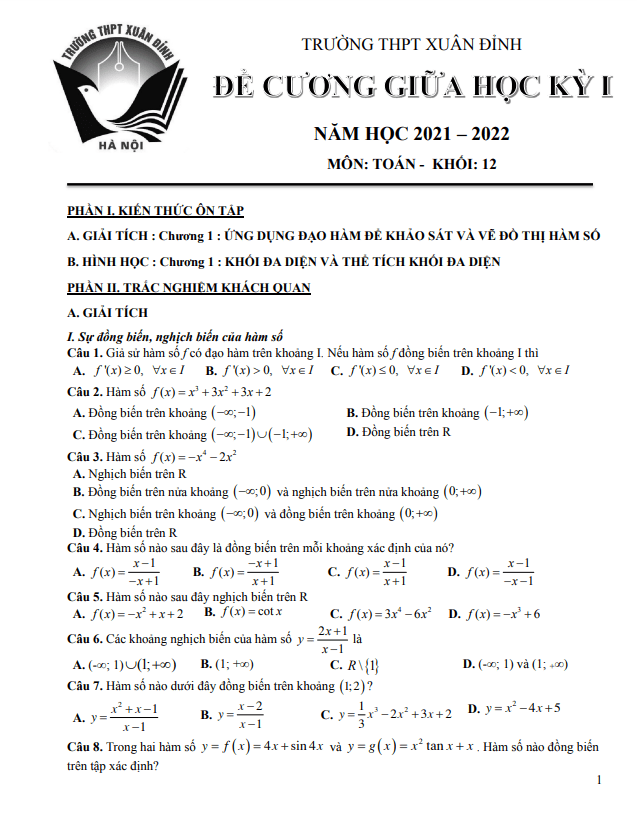Đề cương giữa học kỳ 1 Toán 12 năm 2021 – 2022 trường THPT Xuân Đỉnh – Hà Nội