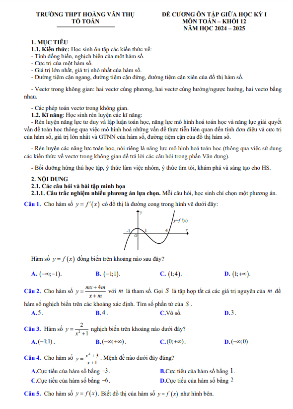 Đề cương giữa học kỳ 1 Toán 12 năm 2024 – 2025 trường THPT Hoàng Văn Thụ – Hà Nội