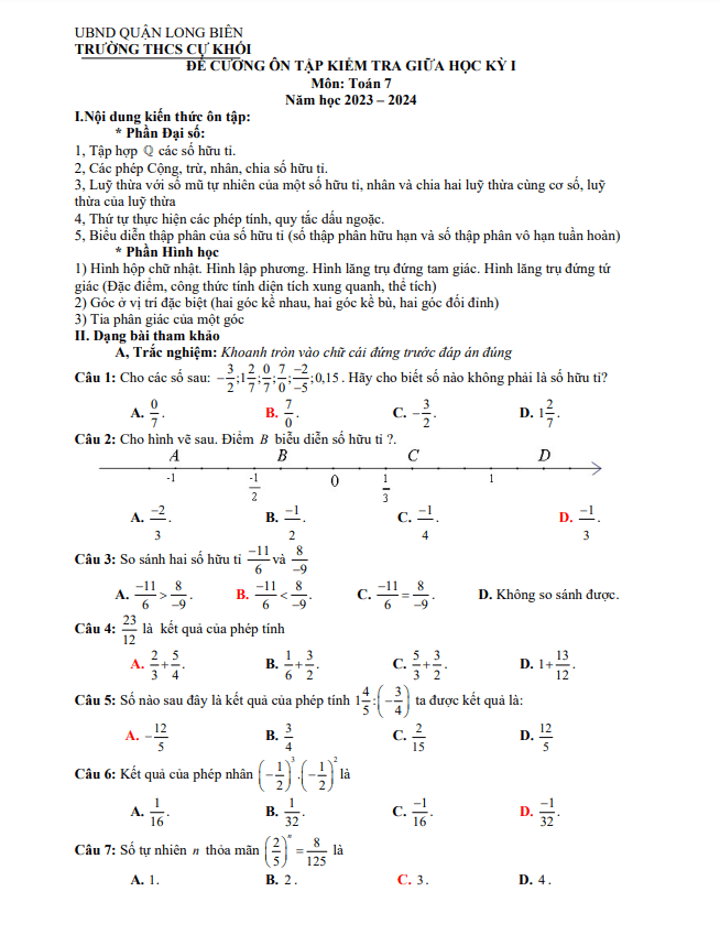 Đề cương giữa học kỳ 1 Toán 7 năm 2023 – 2024 trường THCS Cự Khối – Hà Nội