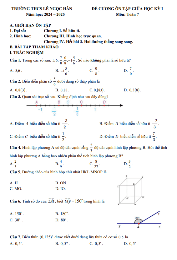 Đề cương giữa học kỳ 1 Toán 7 năm 2024 – 2025 trường THCS Lê Ngọc Hân – Hà Nội