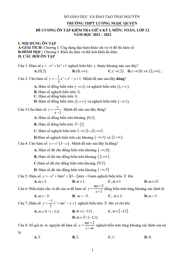 Đề cương giữa kì 1 Toán 12 năm 2021 – 2022 trường THPT Lương Ngọc Quyến – Thái Nguyên