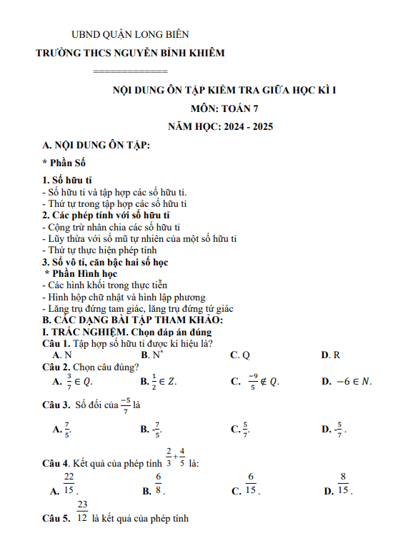 Đề cương giữa kì 1 Toán 7 năm 2024 – 2025 trường THCS Nguyễn Bỉnh Khiêm – Hà Nội