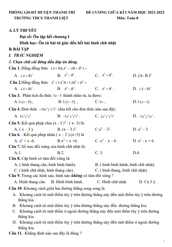Đề cương giữa kì 1 Toán 8 năm 2021 – 2022 trường THCS Thanh Liệt – Hà Nội