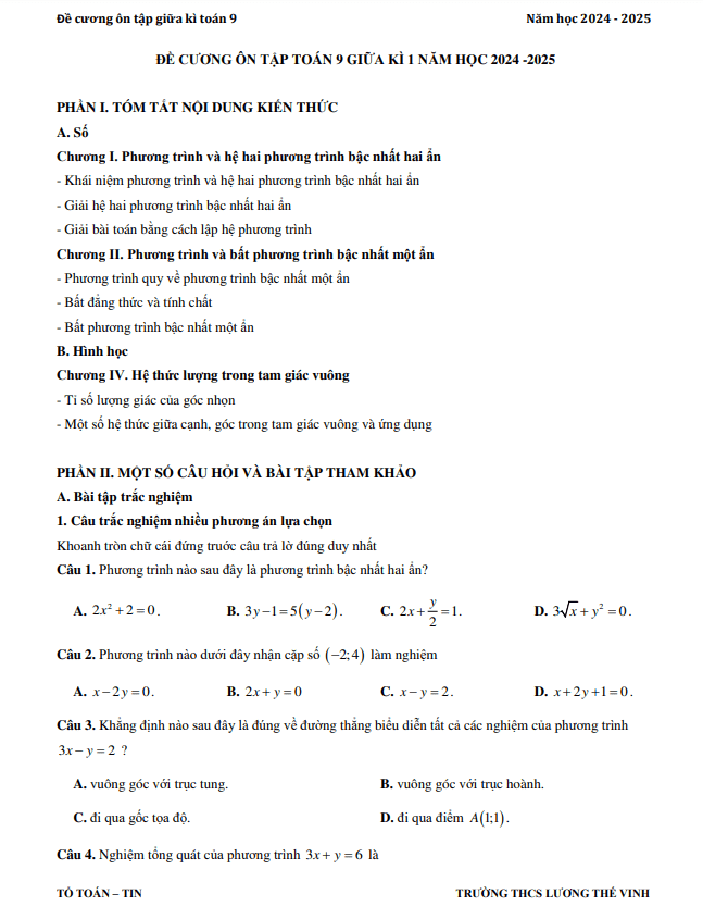 Đề cương giữa kì 1 Toán 9 năm 2024 – 2025 trường THCS Lương Thế Vinh – BR VT