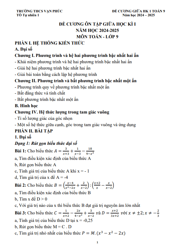 Đề cương giữa kì 1 Toán 9 năm 2024 – 2025 trường THCS Vạn Phúc – Hà Nội