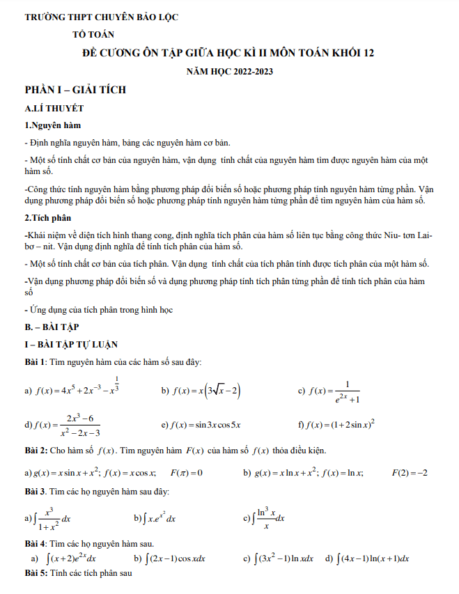 Đề cương giữa kì 2 Toán 12 năm 2022 – 2023 trường chuyên Bảo Lộc – Lâm Đồng