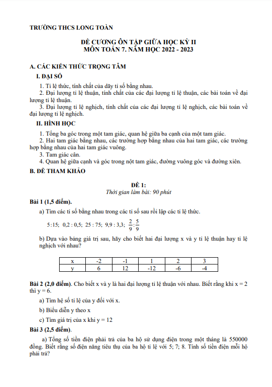 Đề cương giữa kì 2 Toán 7 năm 2022 – 2023 trường THCS Long Toàn – BR VT