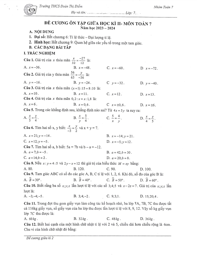 Đề cương giữa kì 2 Toán 7 năm 2023 – 2024 trường THCS Đoàn Thị Điểm – Hà Nội
