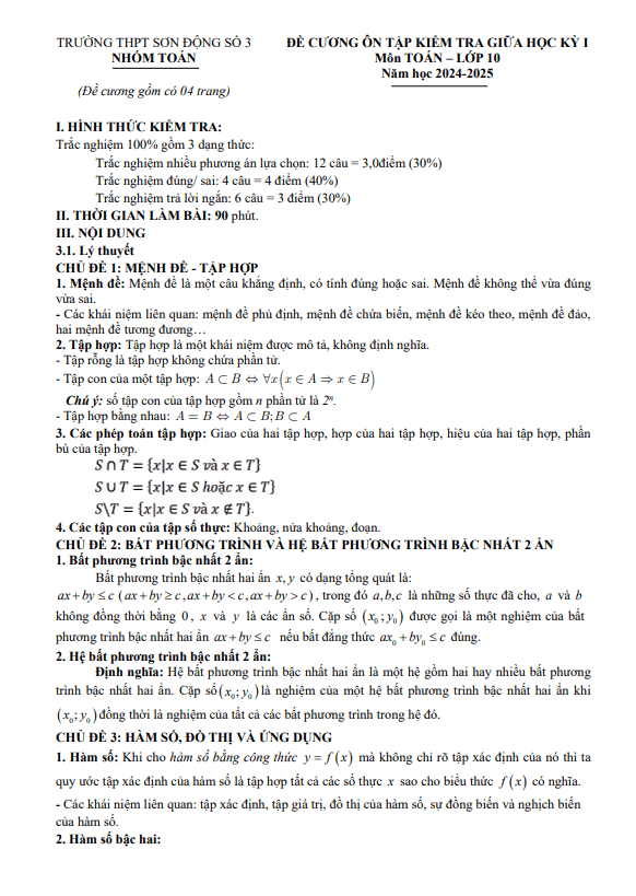 Đề cương giữa kỳ 1 Toán 10 năm 2024 – 2025 trường THPT Sơn Động 3 – Bắc Giang