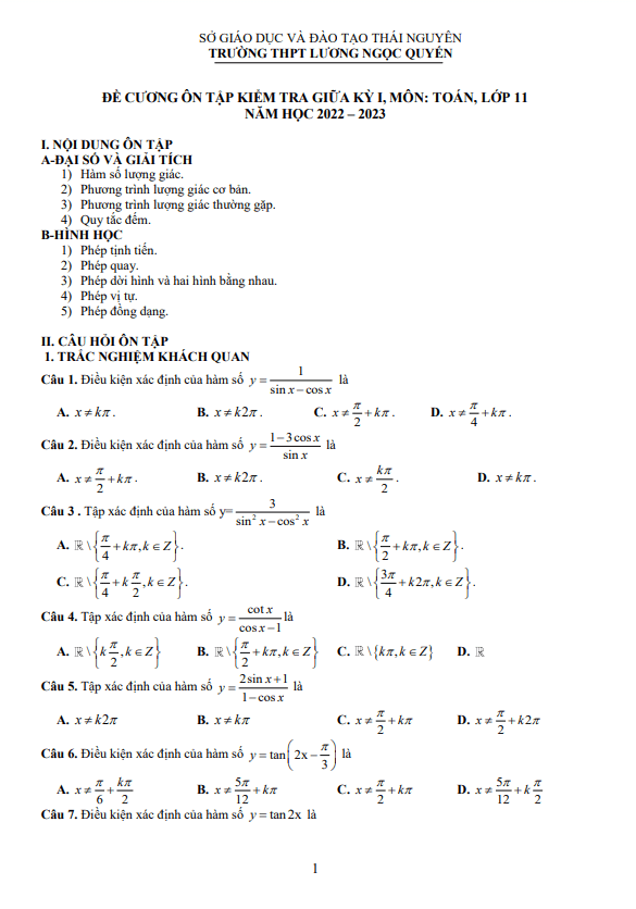 Đề cương giữa kỳ 1 Toán 11 năm 2022 – 2023 THPT Lương Ngọc Quyến – Thái Nguyên