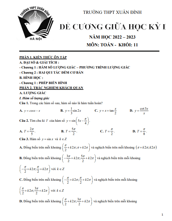 Đề cương giữa kỳ 1 Toán 11 năm 2022 – 2023 trường THPT Xuân Đỉnh – Hà Nội