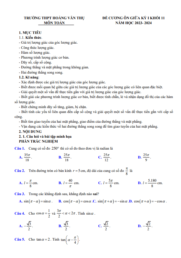 Đề cương giữa kỳ 1 Toán 11 năm 2023 – 2024 trường Hoàng Văn Thụ – Hà Nội