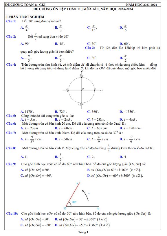 Đề cương giữa kỳ 1 Toán 11 năm 2023 – 2024 trường THPT Khâm Đức – Quảng Nam