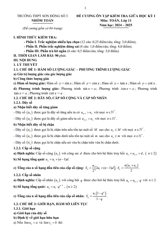 Đề cương giữa kỳ 1 Toán 11 năm 2024 – 2025 trường THPT Sơn Động 3 – Bắc Giang