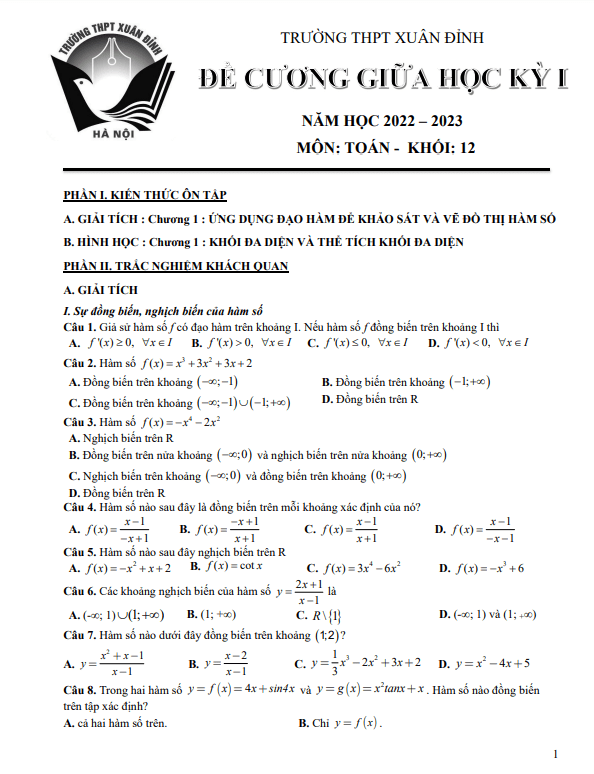 Đề cương giữa kỳ 1 Toán 12 năm 2022 – 2023 trường THPT Xuân Đỉnh – Hà Nội