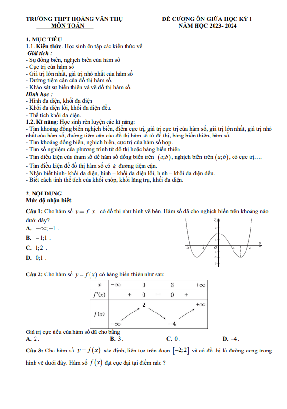 Đề cương giữa kỳ 1 Toán 12 năm 2023 – 2024 trường Hoàng Văn Thụ – Hà Nội