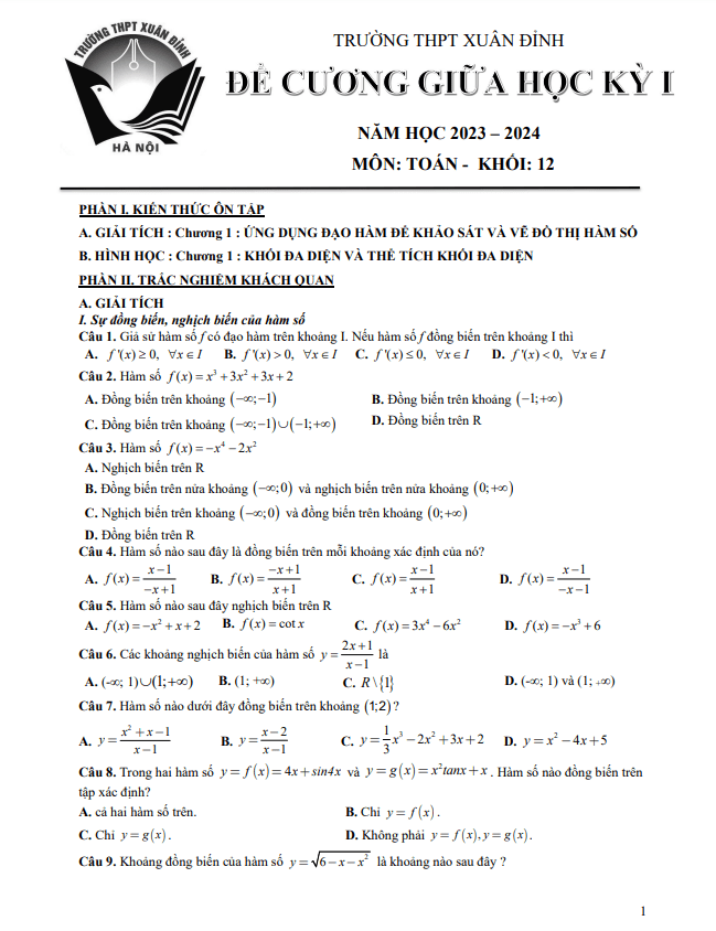 Đề cương giữa kỳ 1 Toán 12 năm 2023 – 2024 trường THPT Xuân Đỉnh – Hà Nội