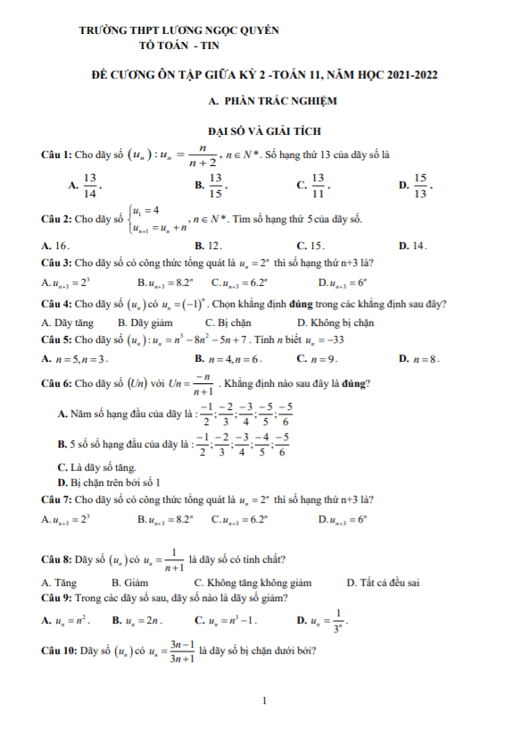 Đề cương giữa kỳ 2 Toán 11 năm 2021 – 2022 trường Lương Ngọc Quyến – Thái Nguyên