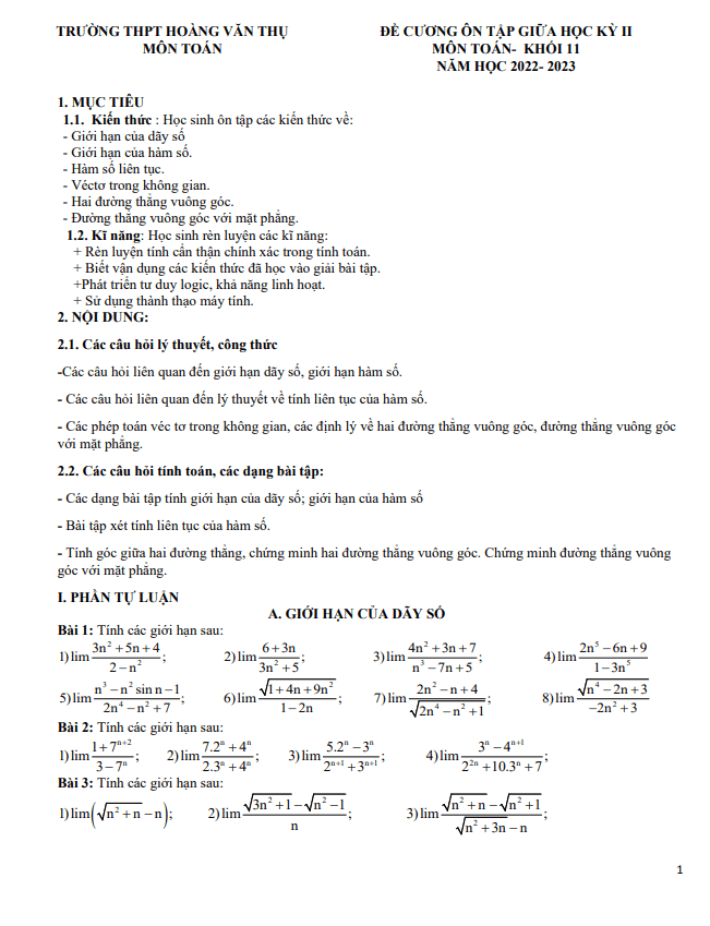 Đề cương giữa kỳ 2 Toán 11 năm 2022 – 2023 trường Hoàng Văn Thụ – Hà Nội