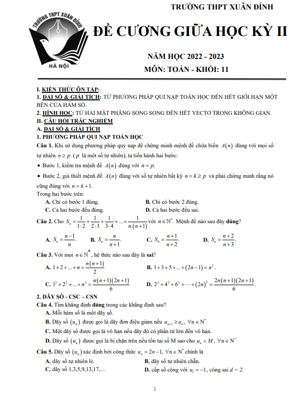 Đề cương giữa kỳ 2 Toán 11 năm 2022 – 2023 trường THPT Xuân Đỉnh – Hà Nội