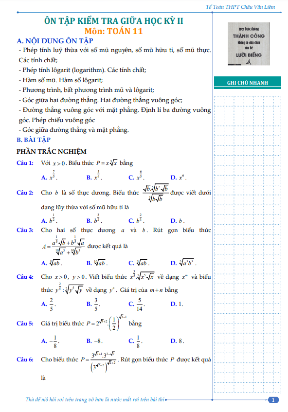 Đề cương giữa kỳ 2 Toán 11 năm 2023 – 2024 trường THPT Châu Văn Liêm – Cần Thơ