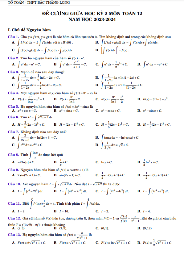 Đề cương giữa kỳ 2 Toán 12 năm 2023 – 2024 trường THPT Bắc Thăng Long – Hà Nội