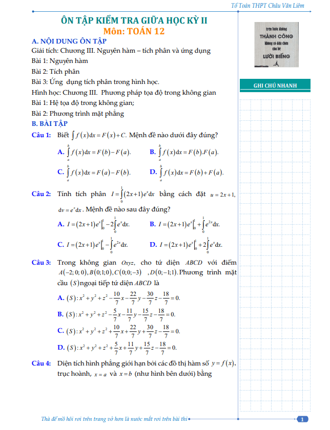 Đề cương giữa kỳ 2 Toán 12 năm 2023 – 2024 trường THPT Châu Văn Liêm – Cần Thơ