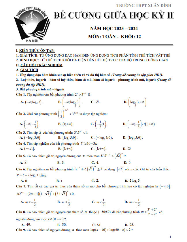 Đề cương giữa kỳ 2 Toán 12 năm 2023 – 2024 trường THPT Xuân Đỉnh – Hà Nội