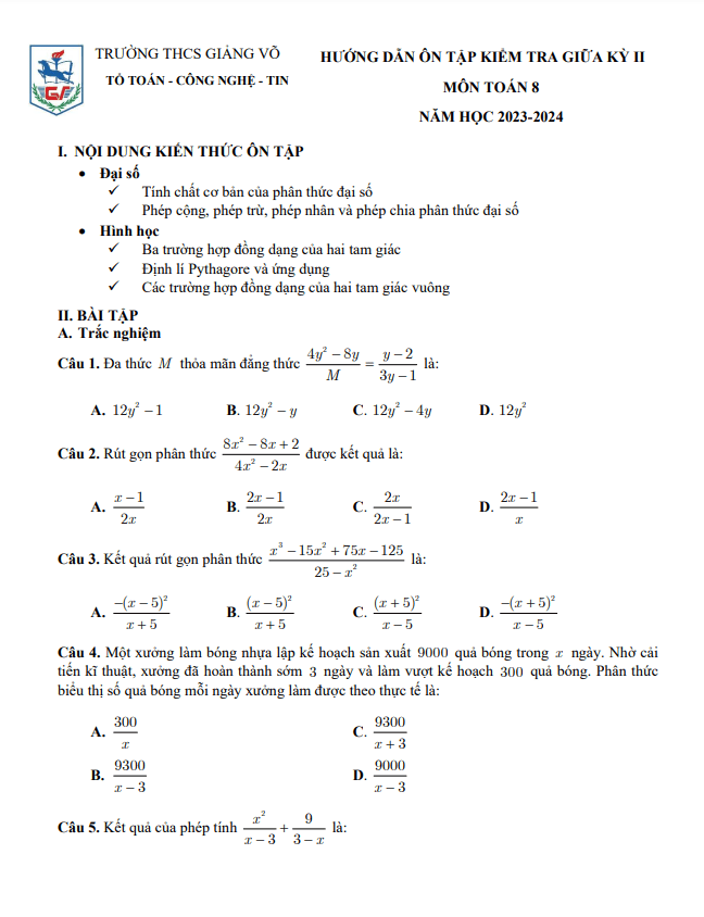 Đề cương giữa kỳ 2 Toán 8 năm 2023 – 2024 trường THCS Giảng Võ – Hà Nội
