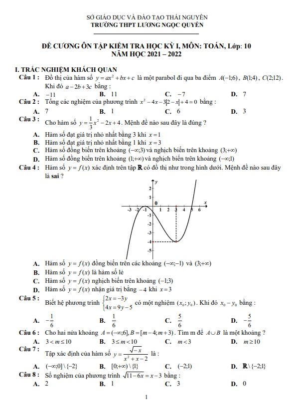Đề cương HK1 Toán 10 năm 2021 – 2022 trường Lương Ngọc Quyến – Thái Nguyên