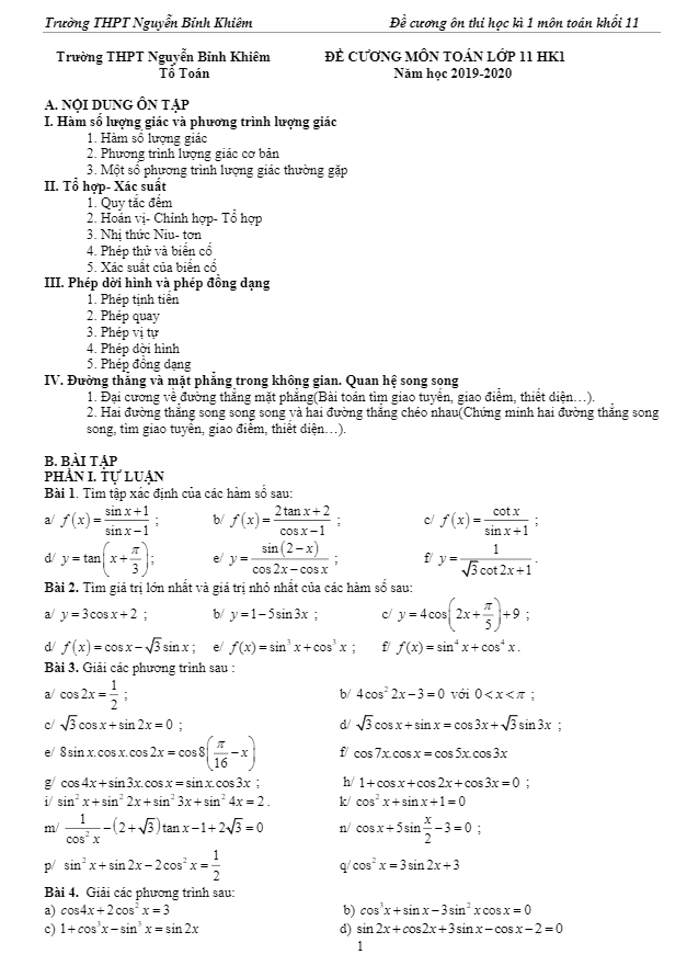Đề cương HK1 Toán 11 năm 2019 – 2020 trường Nguyễn Bỉnh Khiêm – Gia Lai