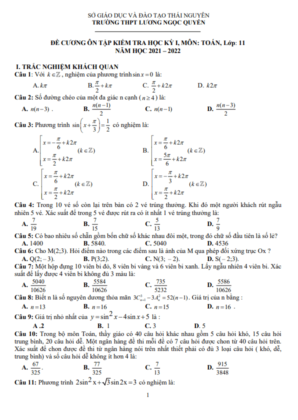 Đề cương HK1 Toán 11 năm 2021 – 2022 trường Lương Ngọc Quyến – Thái Nguyên
