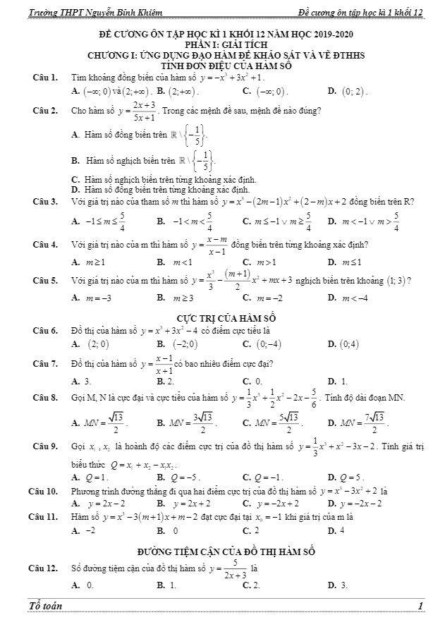 Đề cương HK1 Toán 12 năm 2019 – 2020 trường Nguyễn Bỉnh Khiêm – Gia Lai