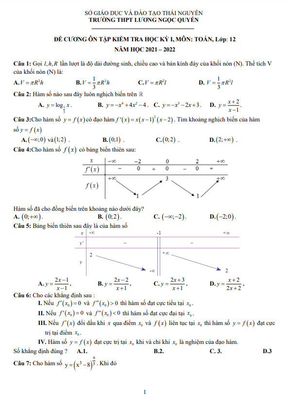 Đề cương HK1 Toán 12 năm 2021 – 2022 trường Lương Ngọc Quyến – Thái Nguyên