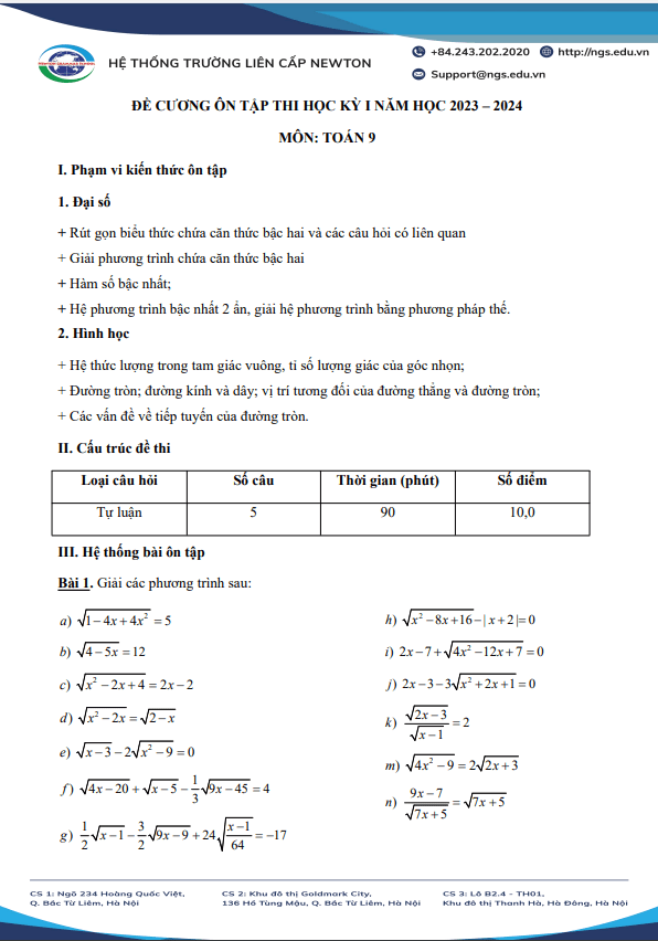 Đề cương HK1 Toán 9 năm 2023 – 2024 hệ thống trường liên cấp Newton – Hà Nội