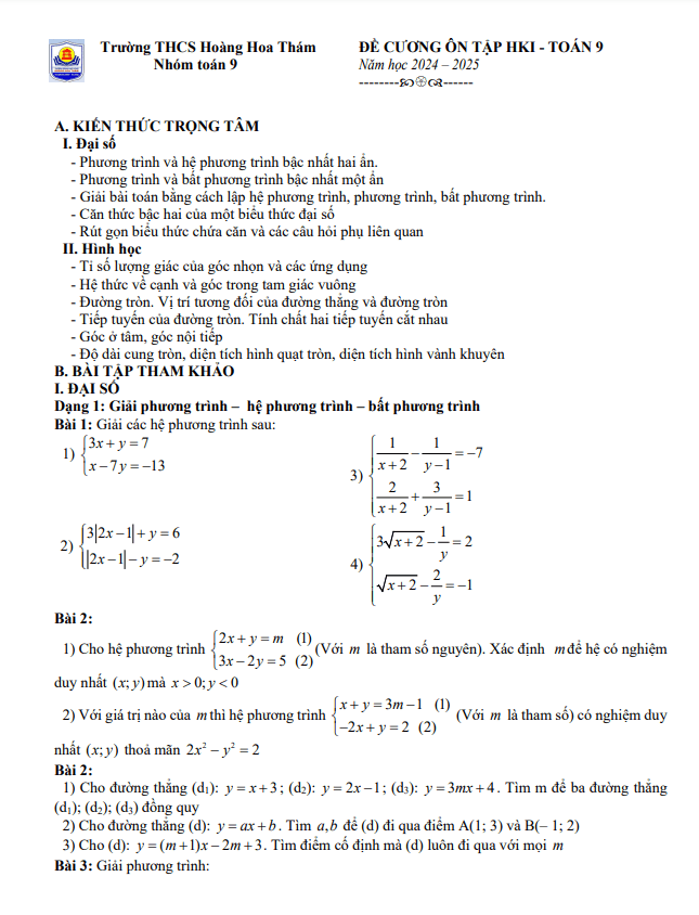 Đề cương HK1 Toán 9 năm 2024 – 2025 trường THCS Hoàng Hoa Thám – Hà Nội