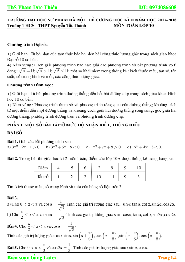 Đề cương HK2 Toán 10 năm 2017 – 2018 trường Nguyễn Tất Thành – Hà Nội