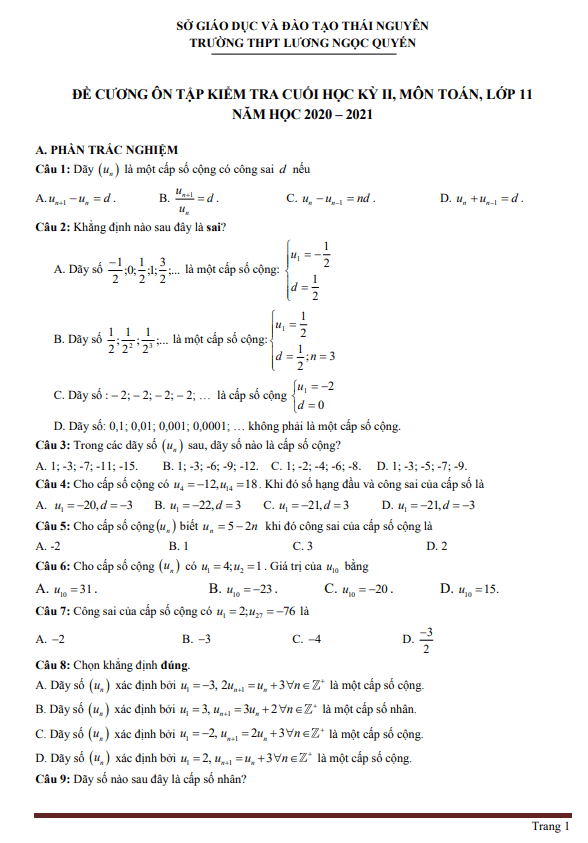 Đề cương HK2 Toán 11 năm 2020 – 2021 trường Lương Ngọc Quyến – Thái Nguyên