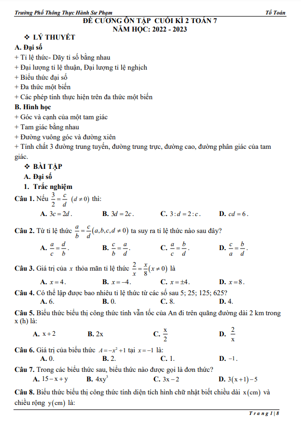 Đề cương HK2 Toán 7 năm 2022 – 2023 trường PT Thực hành Sư phạm – Đồng Nai
